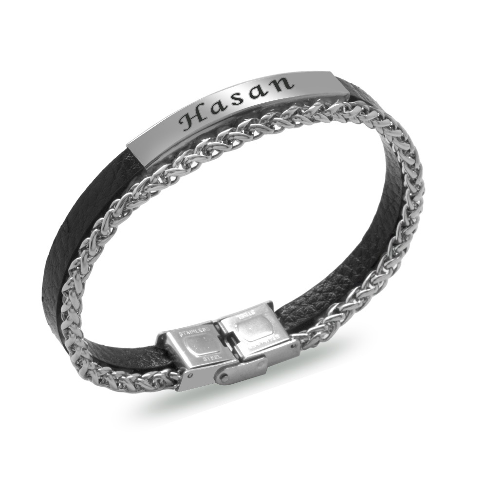 Spiga Çelik Zincir ve Deri Bileşim İsme Özel Yazılı Erkek Bileklik - 3