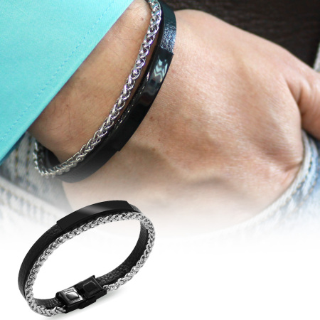 Spiga Çelik Zincir ve Siyah Deri Bileşim İsme Özel Yazılı Erkek Bileklik - Tesbihane