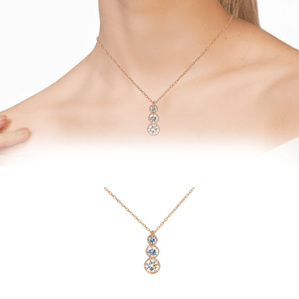 Elmas Görünümlü 3 lü Damla Tasarım Rose Renk 925 Ayar Gümüş Bayan Kolye - 1