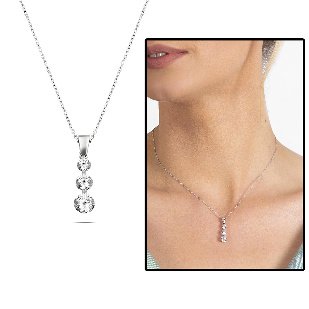 Elmas Görünümlü 3 lü Damla Tasarım 925 Ayar Gümüş Kadın Kolye - 1