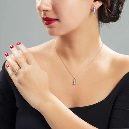 Elmas Görünümlü Rose Renk 925 Ayar Gümüş 3 lü Takı Seti - STOKYOK