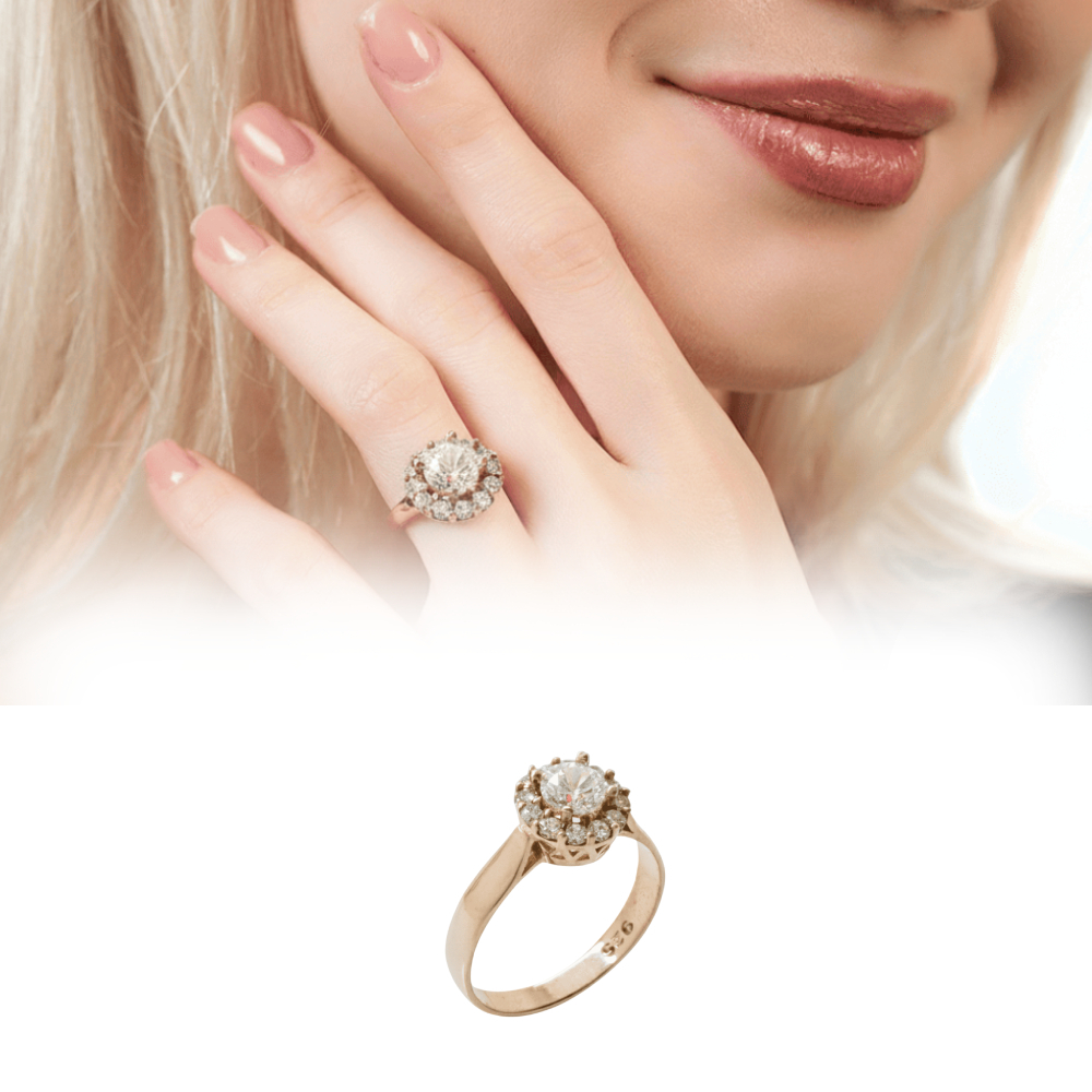 Elmas Görünümlü Rose Renk 925 Ayar Gümüş Bayan Tektaş Yüzük - 1