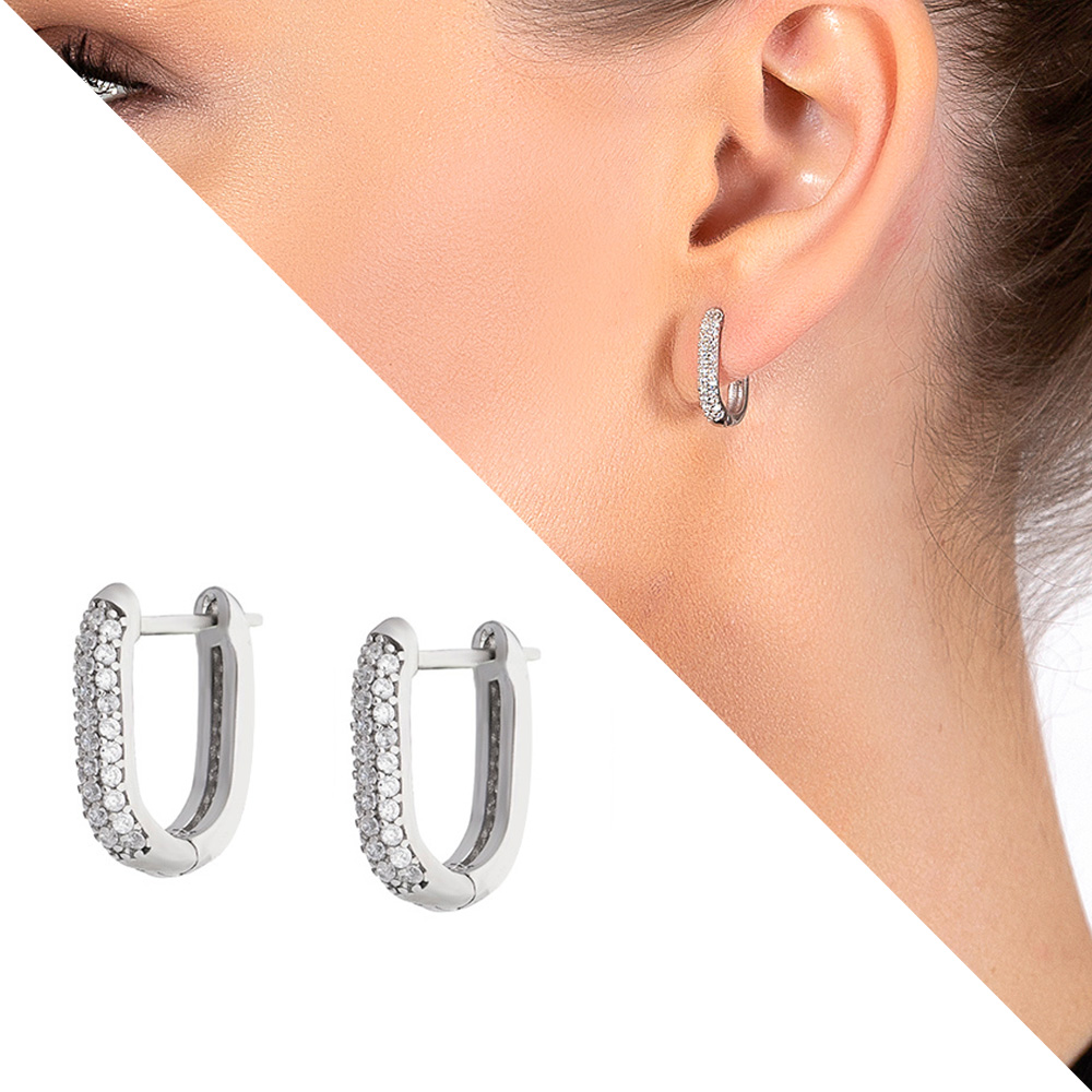 Elmas Görünümlü Mikro Zirkon Taşlı U Tasarım 925 Ayar Gümüş Küpe - 1