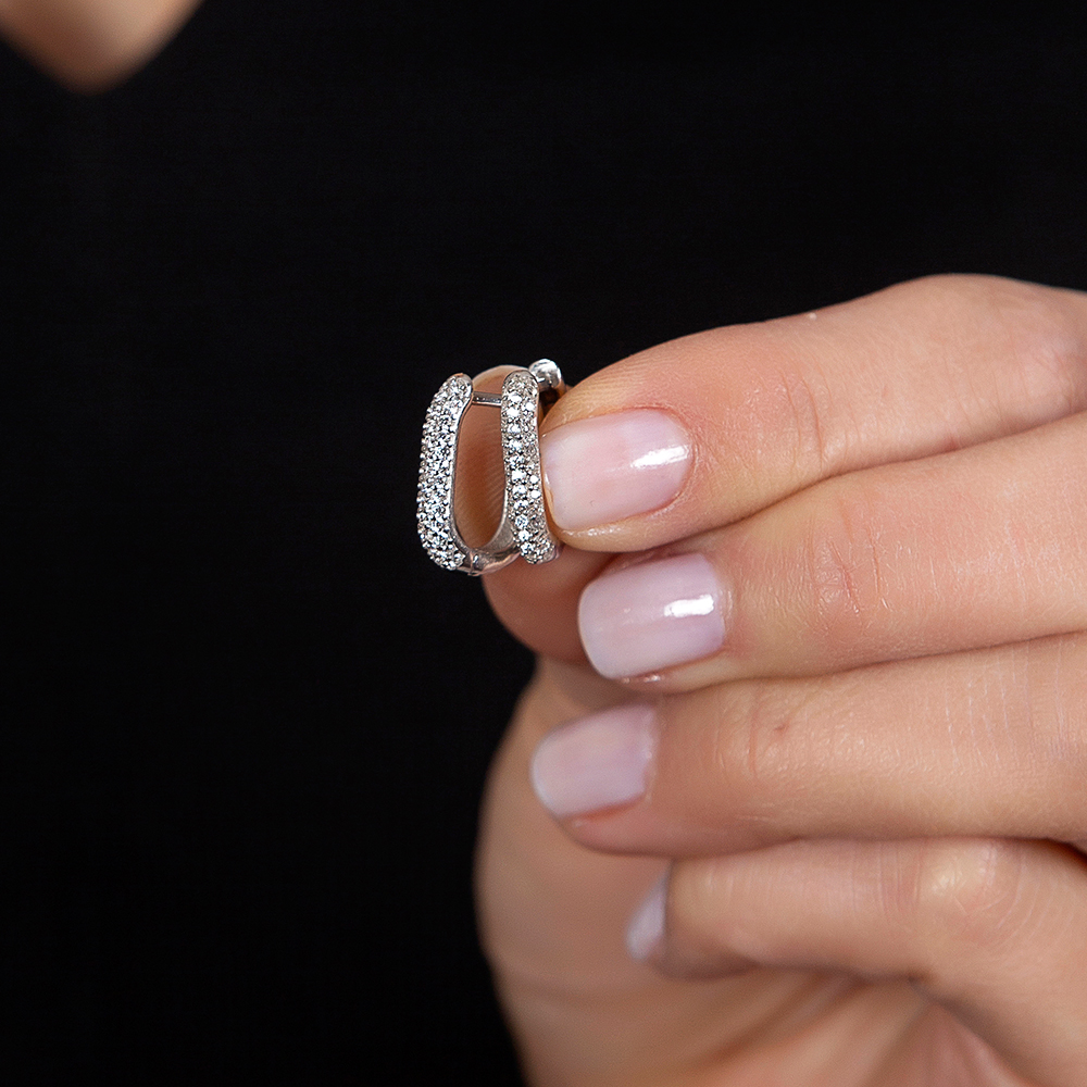 Elmas Görünümlü Mikro Zirkon Taşlı U Tasarım 925 Ayar Gümüş Küpe - 2