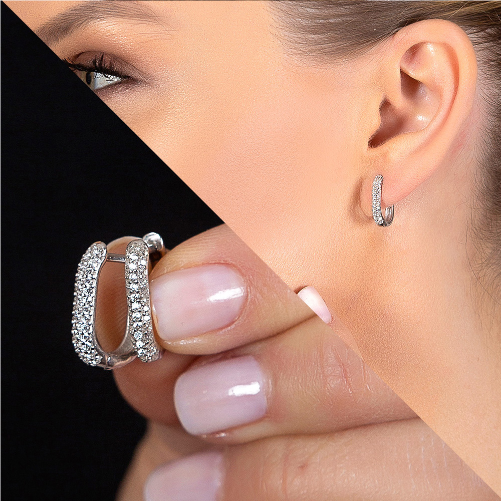 Elmas Görünümlü Mikro Zirkon Taşlı U Tasarım 925 Ayar Gümüş Küpe - 6