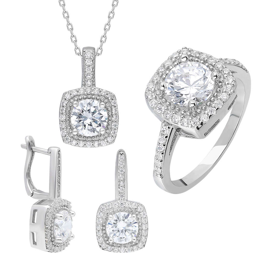 Starlight Diamond Pırlanta Montür Kare Baget Taşlı 925 Ayar Gümüş 3'lü Takı Seti - 2