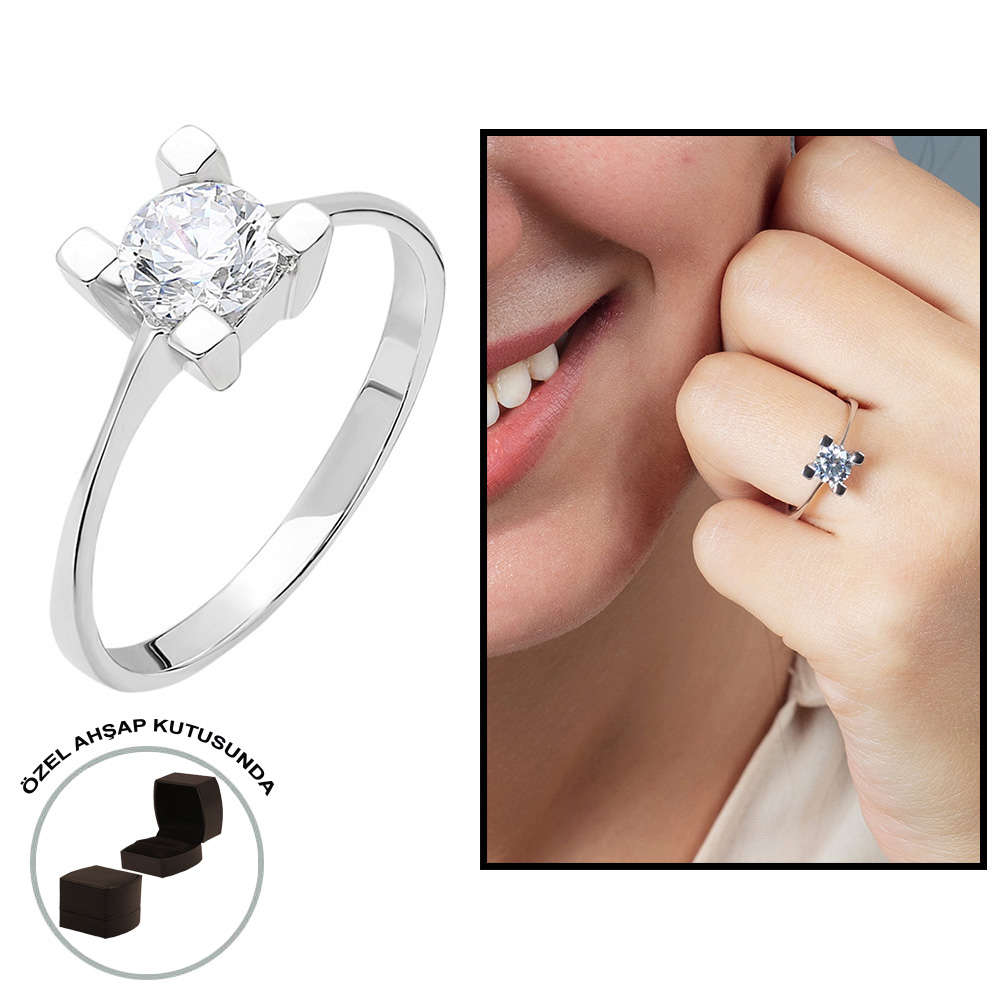Starlight Diamond Pırlanta Montür Kare Tasarım 925 Ayar Gümüş Bayan Tektaş Yüzük - 1
