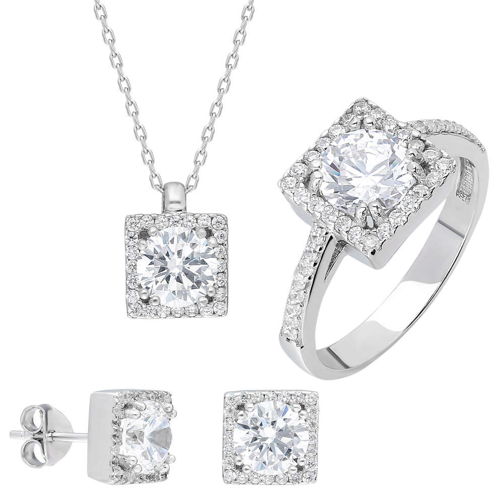 Starlight Diamond Pırlanta Montür Kare Tektaş 925 Ayar Gümüş 3'lü Takı Seti - 2