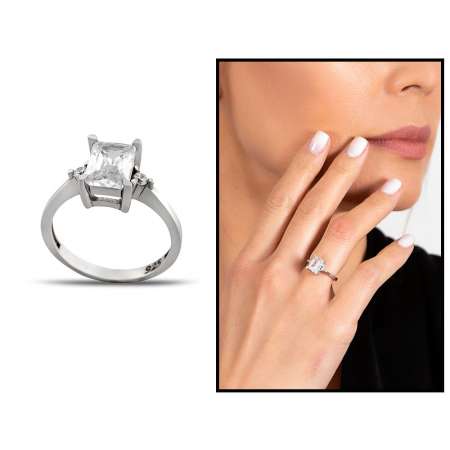 Elmas Görünümlü Maximal Tasarım 925 Ayar Gümüş Kadın Baget Yüzük - Tesbihane