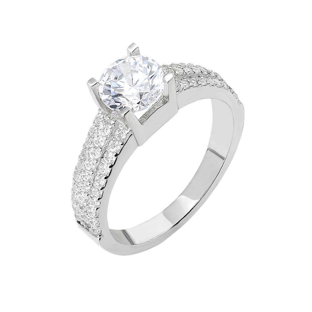 Starlight Diamond Pırlanta Montür Üç Sıralı 925 Ayar Gümüş Bayan Tektaş Yüzük - 4