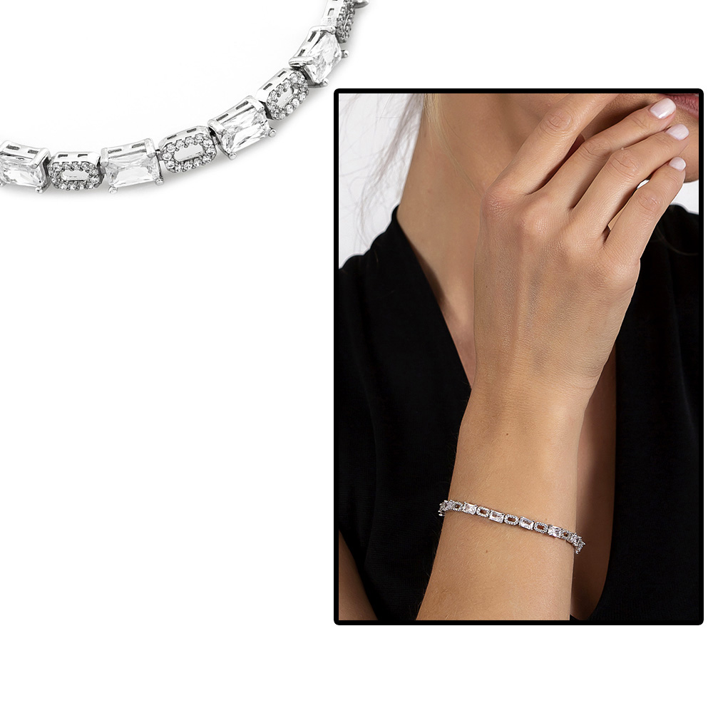 Elmas Görünümlü Zirkon Taşlı Orta Boy 925 Ayar Gümüş Su Yolu Bileklik - 1