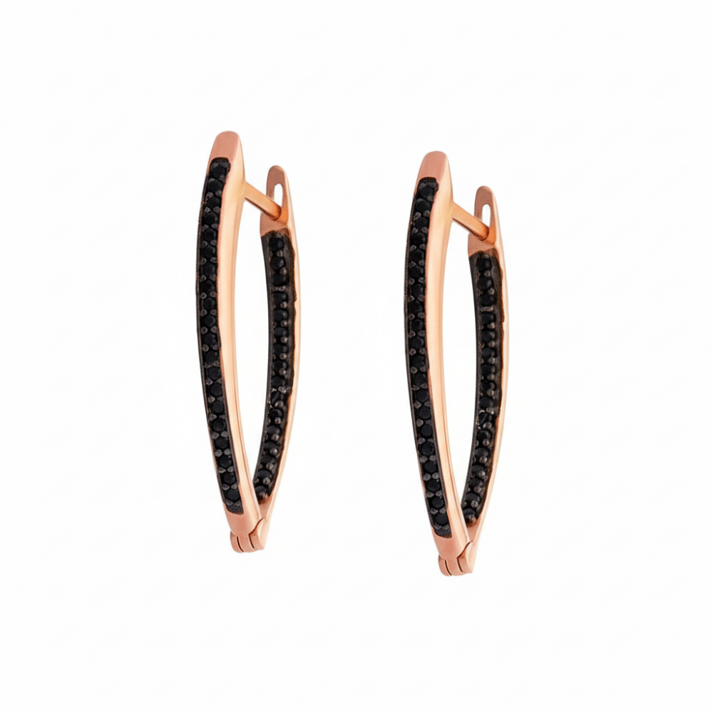 Elmas Görünümlü Siyah Zirkon Taşlı V Tasarım Rose Renk 925 Ayar Kadın Gümüş Küpe - 4