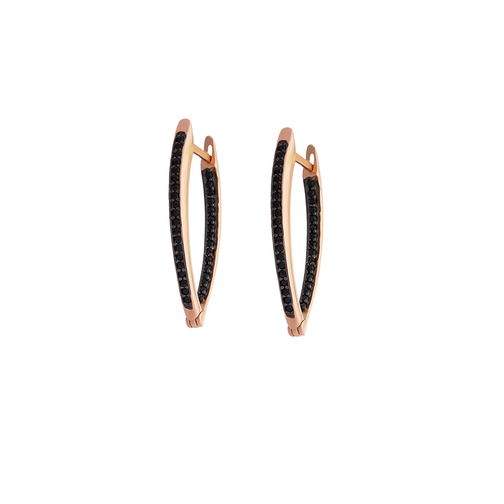 Elmas Görünümlü Siyah Zirkon Taşlı V Tasarım Rose Renk 925 Ayar Gümüş Küpe - 5