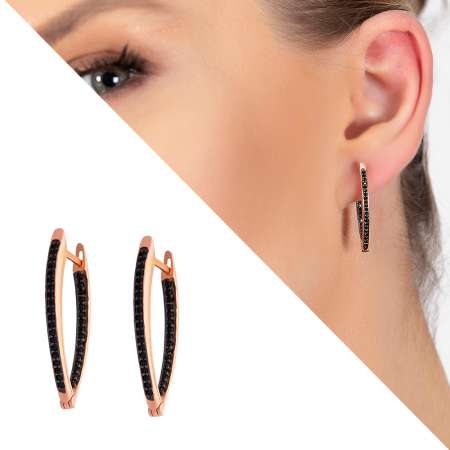 Elmas Görünümlü Siyah Zirkon Taşlı V Tasarım Rose Renk 925 Ayar Gümüş Küpe - Tesbihane