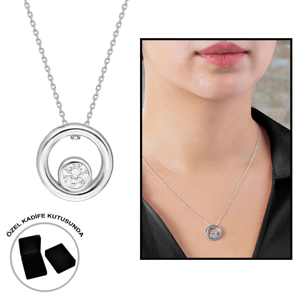 Elmas Görünümlü Tektaş Halka Tasarım 925 Ayar Gümüş Bayan Kolye - 1