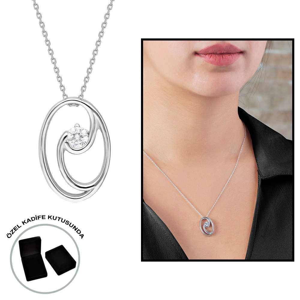Elmas Görünümlü Tektaş Oval Tasarım 925 Ayar Gümüş Bayan Kolye - 1
