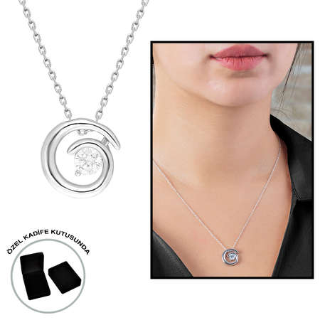 Elmas Görünümlü Tektaş Spiral Tasarım 925 Ayar Gümüş Bayan Kolye - Tesbihane