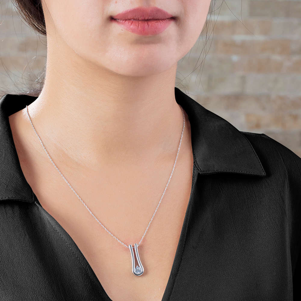 Elmas Görünümlü Tektaş U Tasarım 925 Ayar Gümüş Bayan Kolye - 3