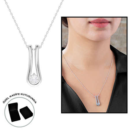 Elmas Görünümlü Tektaş U Tasarım 925 Ayar Gümüş Bayan Kolye - Tesbihane