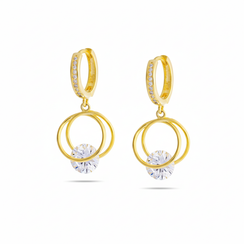 Elmas Görünümlü Tektaşlı Kalp Tasarım Altın Renk 925 Ayar Kadın Gümüş Sallantılı Küpe - 4