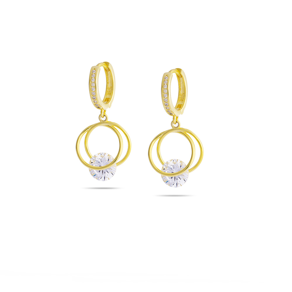 Elmas Görünümlü Tektaşlı Kalp Tasarım Altın Renk 925 Ayar Gümüş Sallantılı Küpe - 5