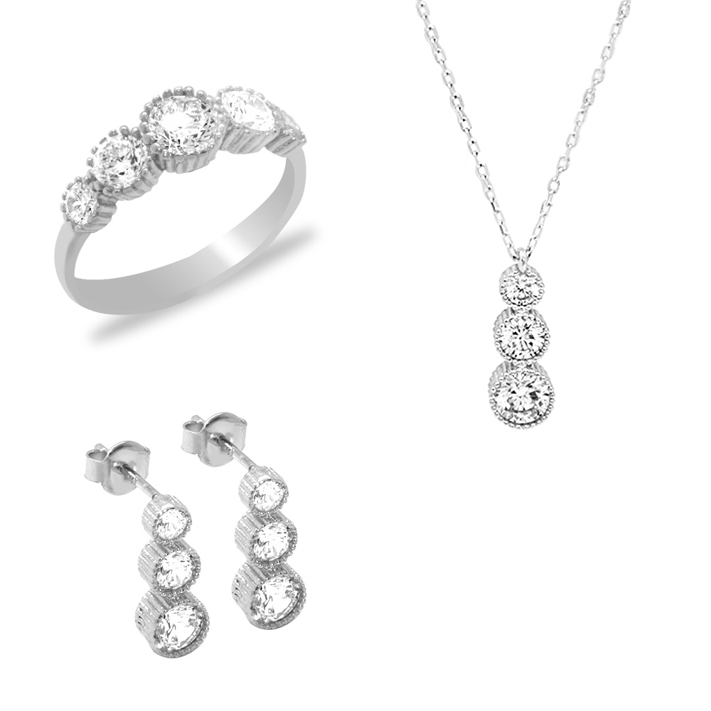 Starlight Diamond Zirkon Taşlı Gözyaşı Tasarım 925 Ayar Gümüş 3 lü Takı Seti - 2