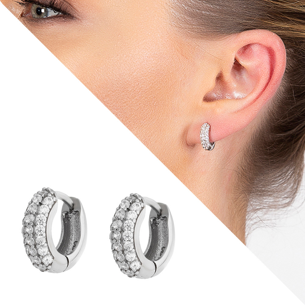 Elmas Görünümlü Zirkon Taşlı Halka Tasarım 925 Ayar Gümüş Küpe - 1