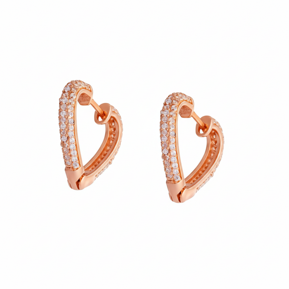 Elmas Görünümlü Zirkon Taşlı Kalp Tasarım Rose Renk 925 Ayar Kadın Gümüş Küpe - 4