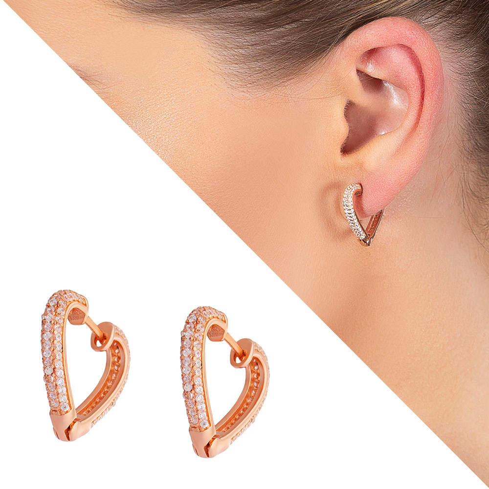 Elmas Görünümlü Zirkon Taşlı Kalp Tasarım Rose Renk 925 Ayar Gümüş Küpe - 1