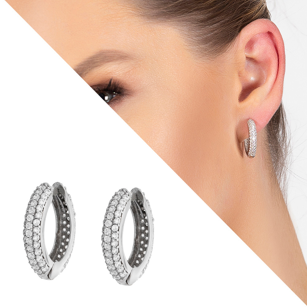 Elmas Görünümlü Zirkon Taşlı Maxi Halka Tasarım 925 Ayar Gümüş Küpe - 1