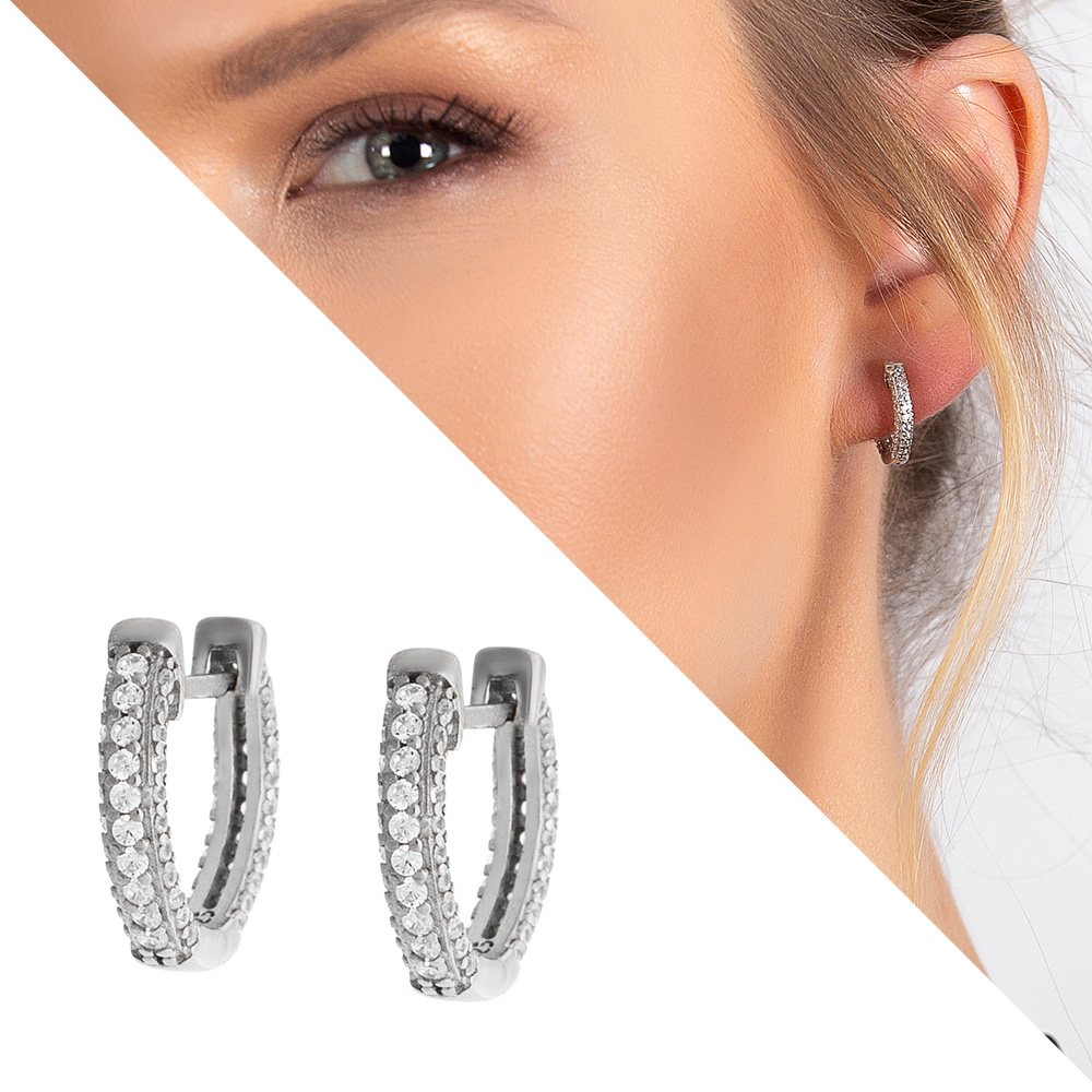 Elmas Görünümlü Zirkon Taşlı Mikro Halka Tasarım 925 Ayar Gümüş Küpe - 1