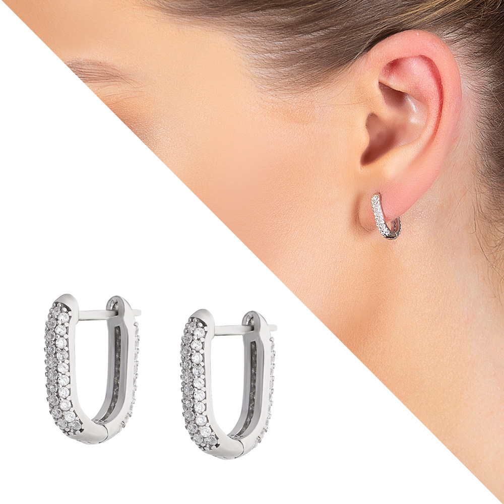 Elmas Görünümlü Zirkon Taşlı U Tasarım 925 Ayar Gümüş Küpe - 1