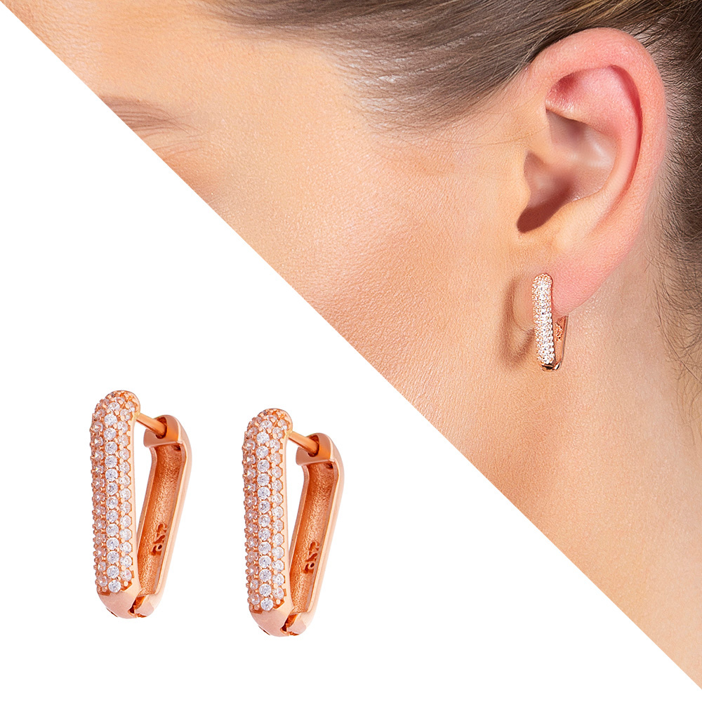 Elmas Görünümlü Zirkon Taşlı V Tasarım Rose Renk 925 Ayar Gümüş Küpe - 1