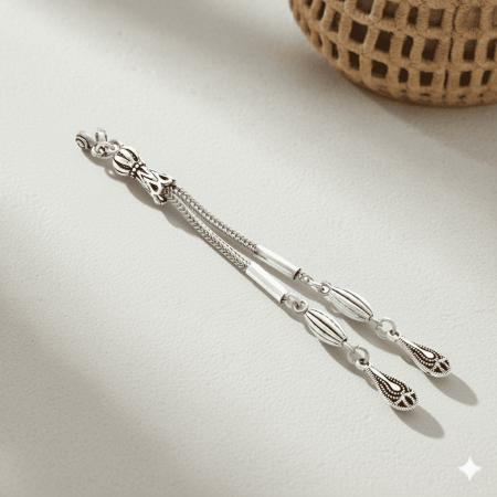 Su Damlası Tasarım 2 li Gümüş Renk Kararmaz Metal Püskül - Tesbihane