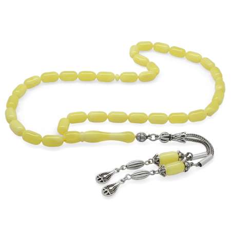 Su Damlası Tasarım 2 li Gümüş Renk Kararmaz Metal Püsküllü Kapsül Kesim Beyrut Kehribar Tesbih - Tesbihane