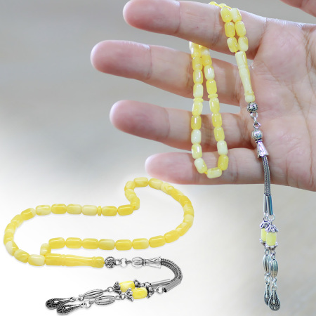 Su Damlası Tasarım Kararmaz Metal Püsküllü Kapsül Kesim Mini Boy Beyrut Kehribar Tesbih - Tesbihane