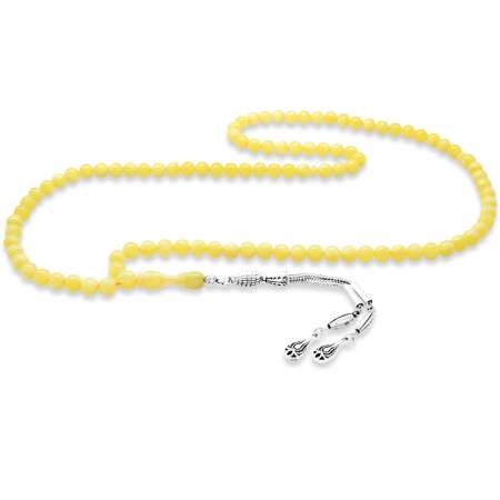 Su Damlası Tasarım Kararmaz Metal Püsküllü Küre Kesim 99 Taneli Beyrut Kehribar Namaz Tesbihi - Tesbihane