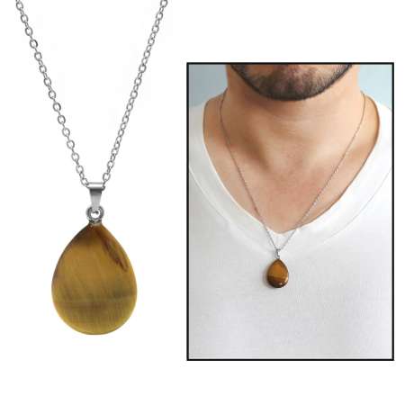 Su Damlası Tasarım Kararmaz Metal Zincirli Kaplan Gözü Doğaltaş Erkek Kolye - Tesbihane