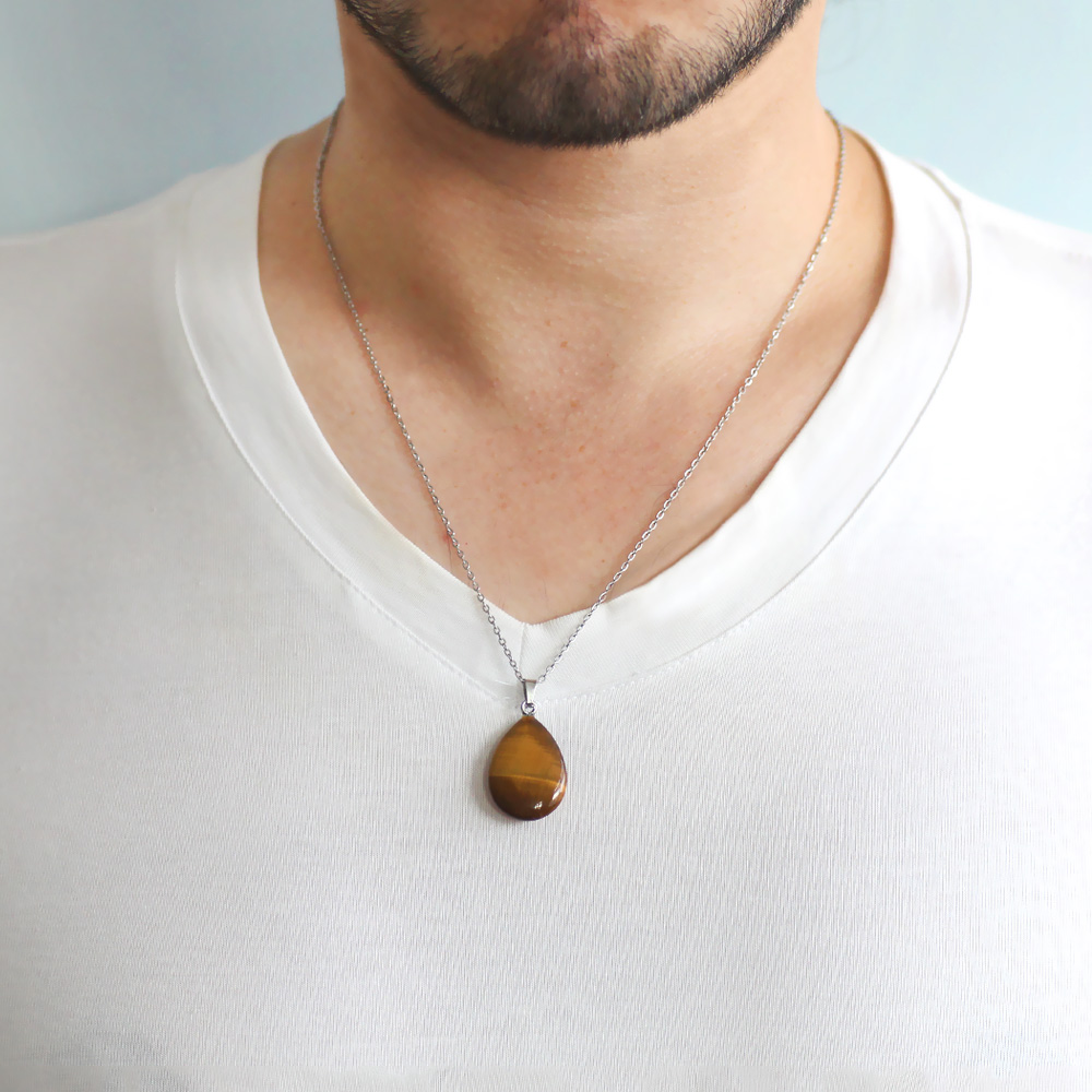 Su Damlası Tasarım Kararmaz Metal Zincirli Kaplan Gözü Doğaltaş Erkek Kolye - 2