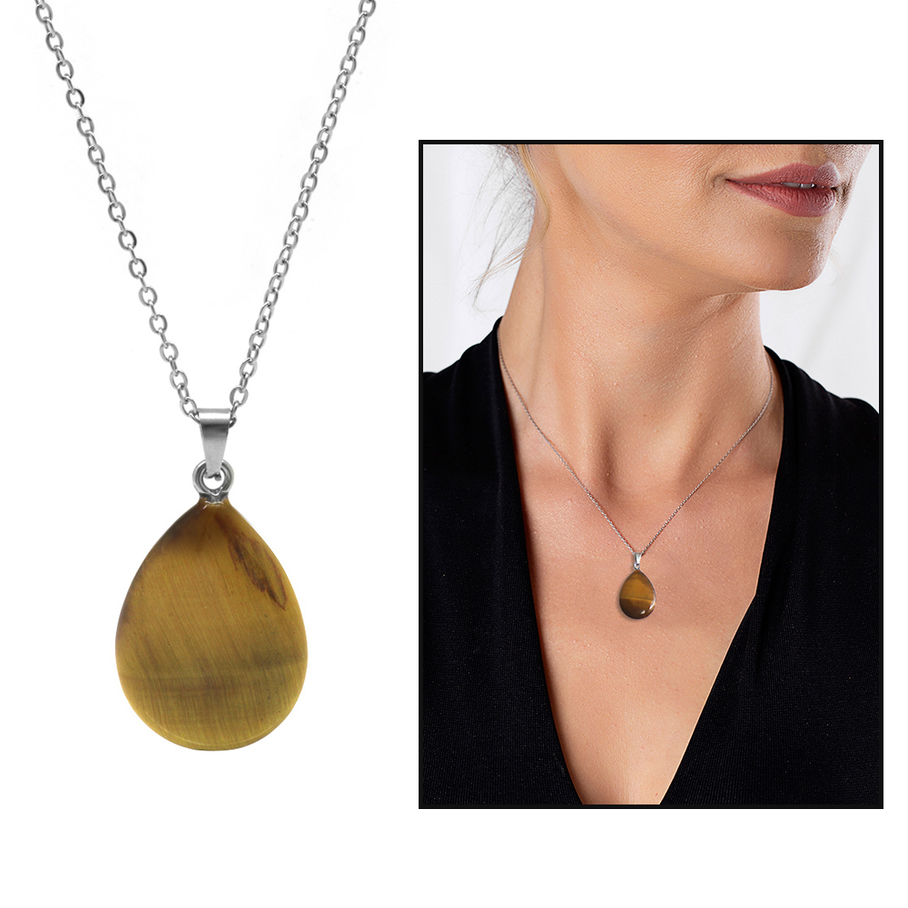 Su Damlası Tasarım Kararmaz Metal Zincirli Kaplan Gözü Doğaltaş Kadın Kolye - 1