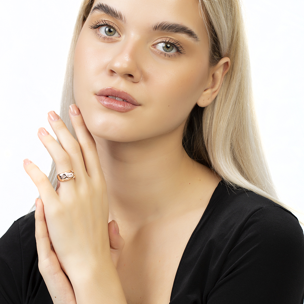 Su Damlası Yıldız Süslemeli Rose Renk Ayarlanabilir Ölçü 925 Ayar Gümüş Kadın Yüzük - 1