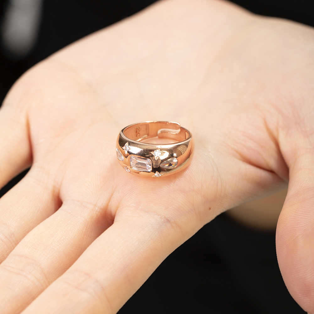 Su Damlası Yıldız Süslemeli Rose Renk Ayarlanabilir Ölçü 925 Ayar Gümüş Kadın Yüzük - 5