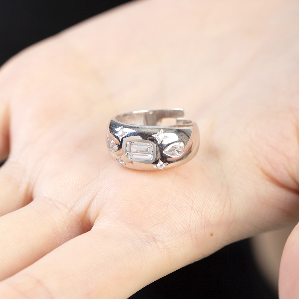 Su Damlası ve Yıldız Süslemeli Gümüş Renk Ayarlanabilir Ölçü 925 Ayar Gümüş Kadın Yüzük - 2