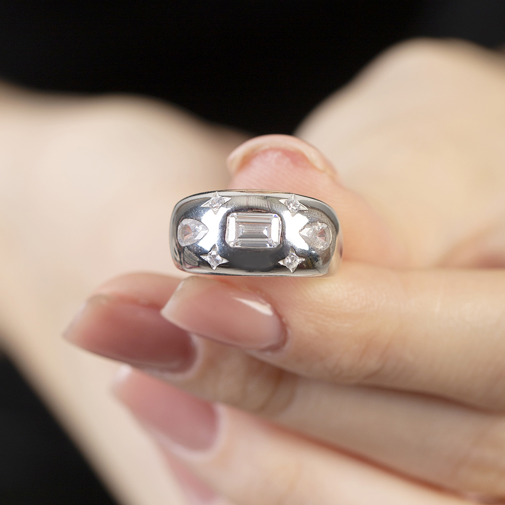 Su Damlası ve Yıldız Süslemeli Gümüş Renk Ayarlanabilir Ölçü 925 Ayar Gümüş Kadın Yüzük - 3