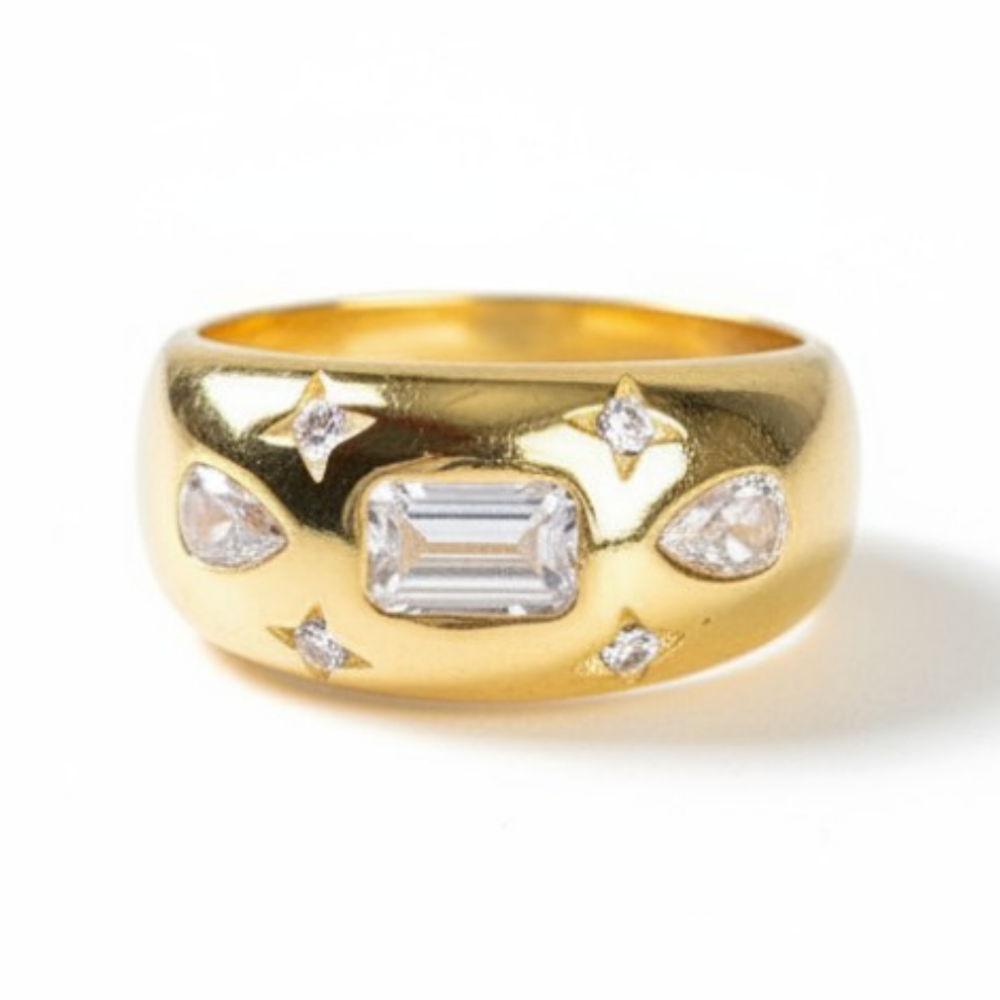 Su Damlası ve Yıldız Süslemeli Altın Renk Ayarlanabilir Ölçü 925 Ayar Gümüş Kadın Yüzük - 2