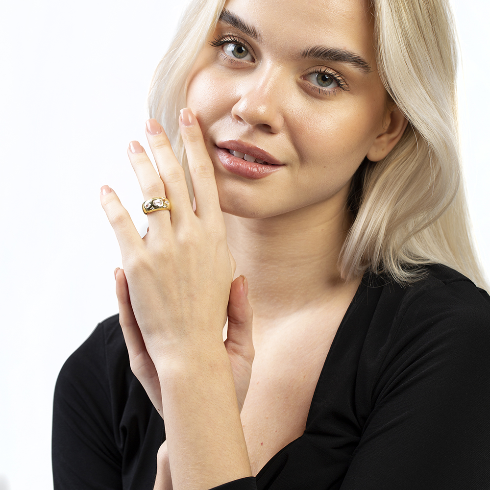 Su Damlası ve Yıldız Süslemeli Altın Renk Ayarlanabilir Ölçü 925 Ayar Gümüş Kadın Yüzük - 1