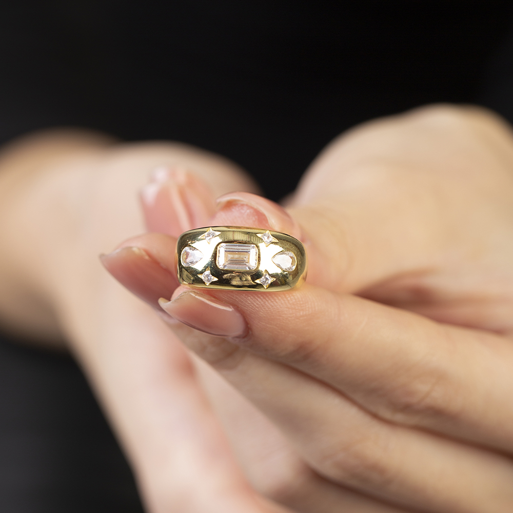 Su Damlası ve Yıldız Süslemeli Altın Renk Ayarlanabilir Ölçü 925 Ayar Gümüş Kadın Yüzük - 2