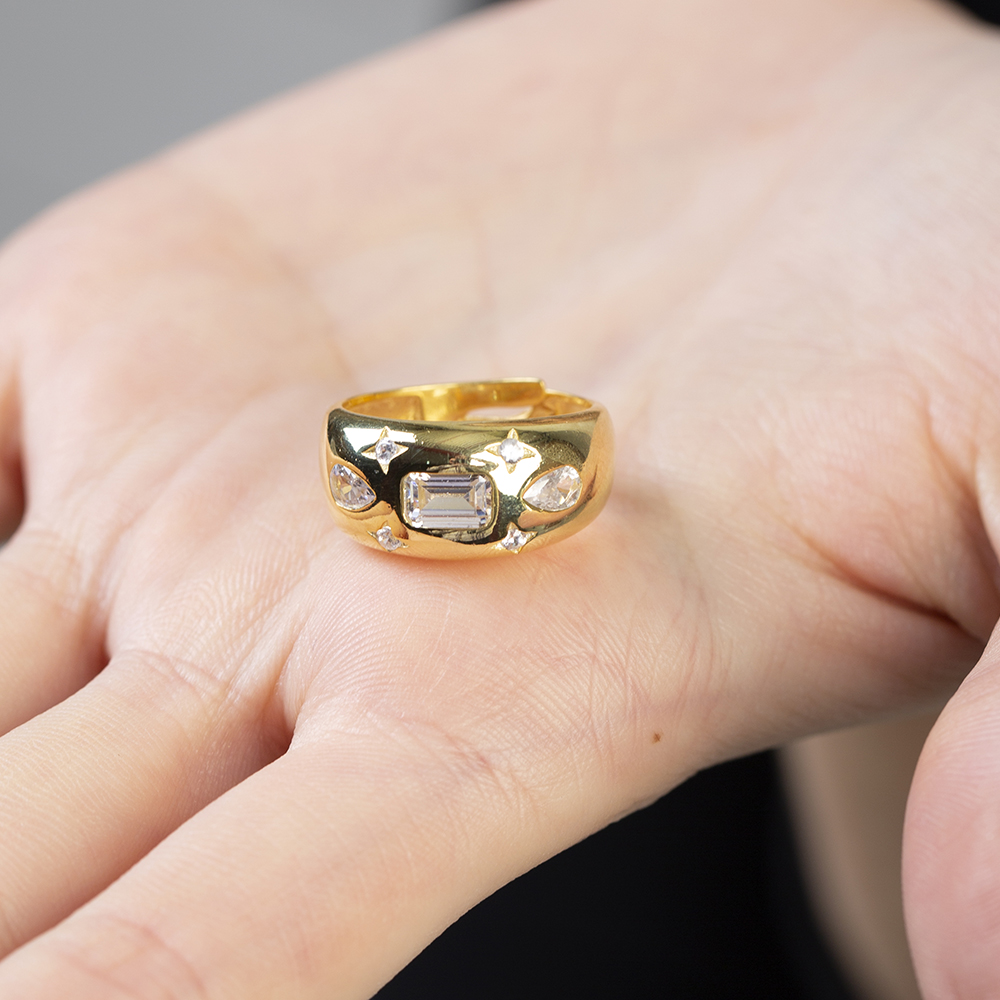 Su Damlası ve Yıldız Süslemeli Altın Renk Ayarlanabilir Ölçü 925 Ayar Gümüş Kadın Yüzük - 5