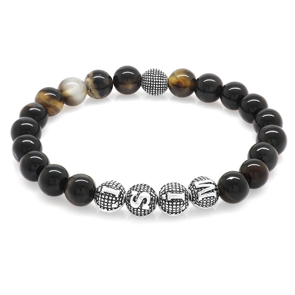 Süleyman Akik Doğaltaş Bileklik - İsme Özel Yazılı - Metal Kombinli - Küre Kesim - 3