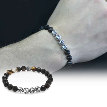 Süleyman Akik Doğaltaş Bileklik - İsme Özel Yazılı - Metal Kombinli - Küre Kesim - Tesbihane